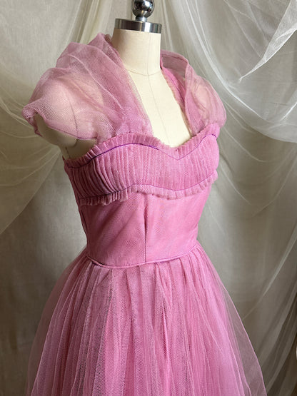 Vintage 1950's Cupcake Halter Dress - Lilac Purple Taffeta with Tulle Overlay & Floral Adornments | S, M