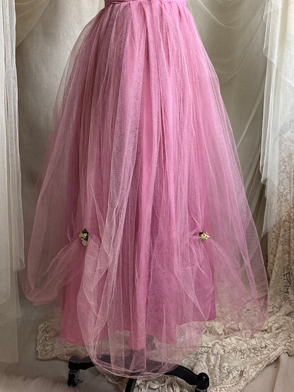 Vintage 1950's Cupcake Halter Dress - Lilac Purple Taffeta with Tulle Overlay & Floral Adornments | S, M