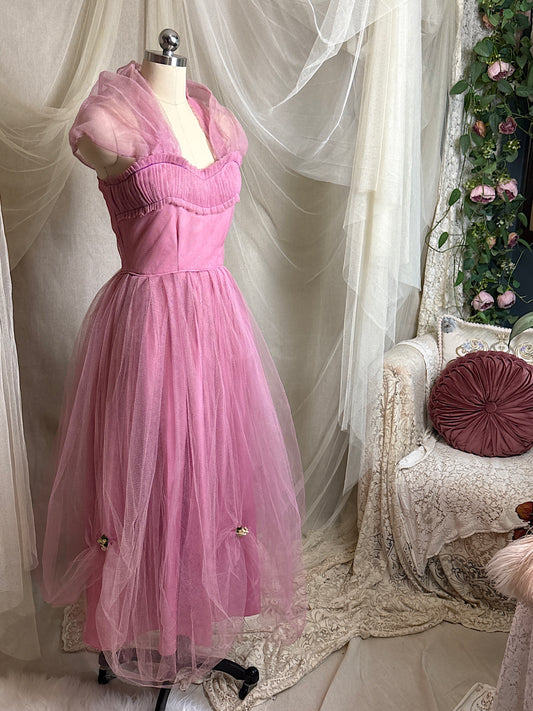 Vintage 1950's Cupcake Halter Dress - Lilac Purple Taffeta with Tulle Overlay & Floral Adornments | S, M