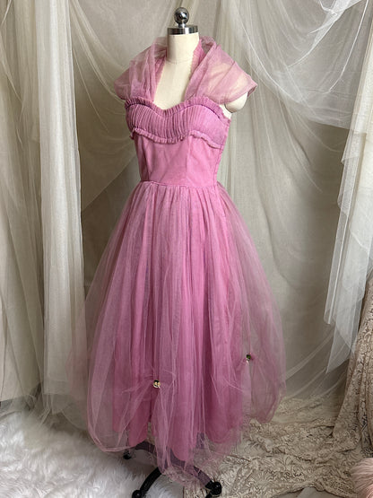 Vintage 1950's Cupcake Halter Dress - Lilac Purple Taffeta with Tulle Overlay & Floral Adornments | S, M