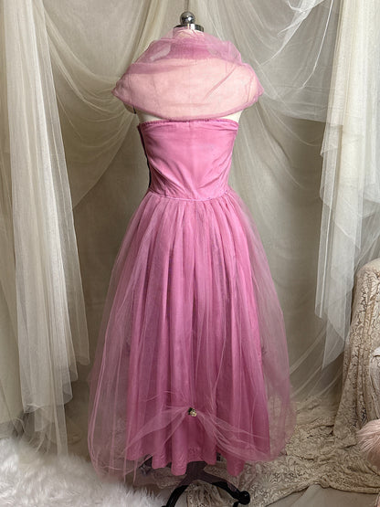 Vintage 1950's Cupcake Halter Dress - Lilac Purple Taffeta with Tulle Overlay & Floral Adornments | S, M