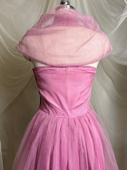 Vintage 1950's Cupcake Halter Dress - Lilac Purple Taffeta with Tulle Overlay & Floral Adornments | S, M