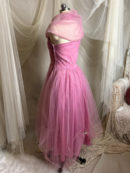 Vintage 1950's Cupcake Halter Dress - Lilac Purple Taffeta with Tulle Overlay & Floral Adornments | S, M