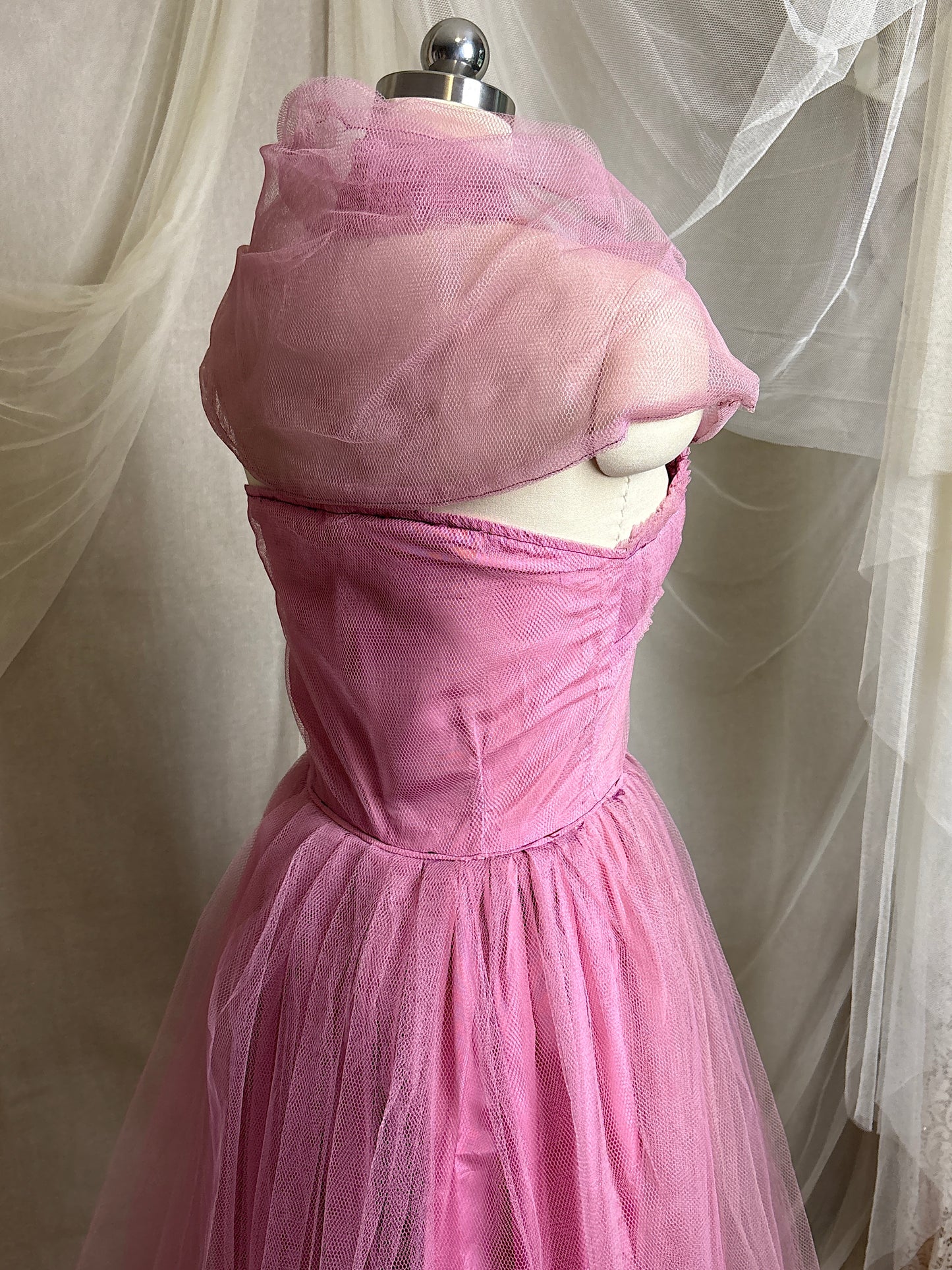 Vintage 1950's Cupcake Halter Dress - Lilac Purple Taffeta with Tulle Overlay & Floral Adornments | S, M