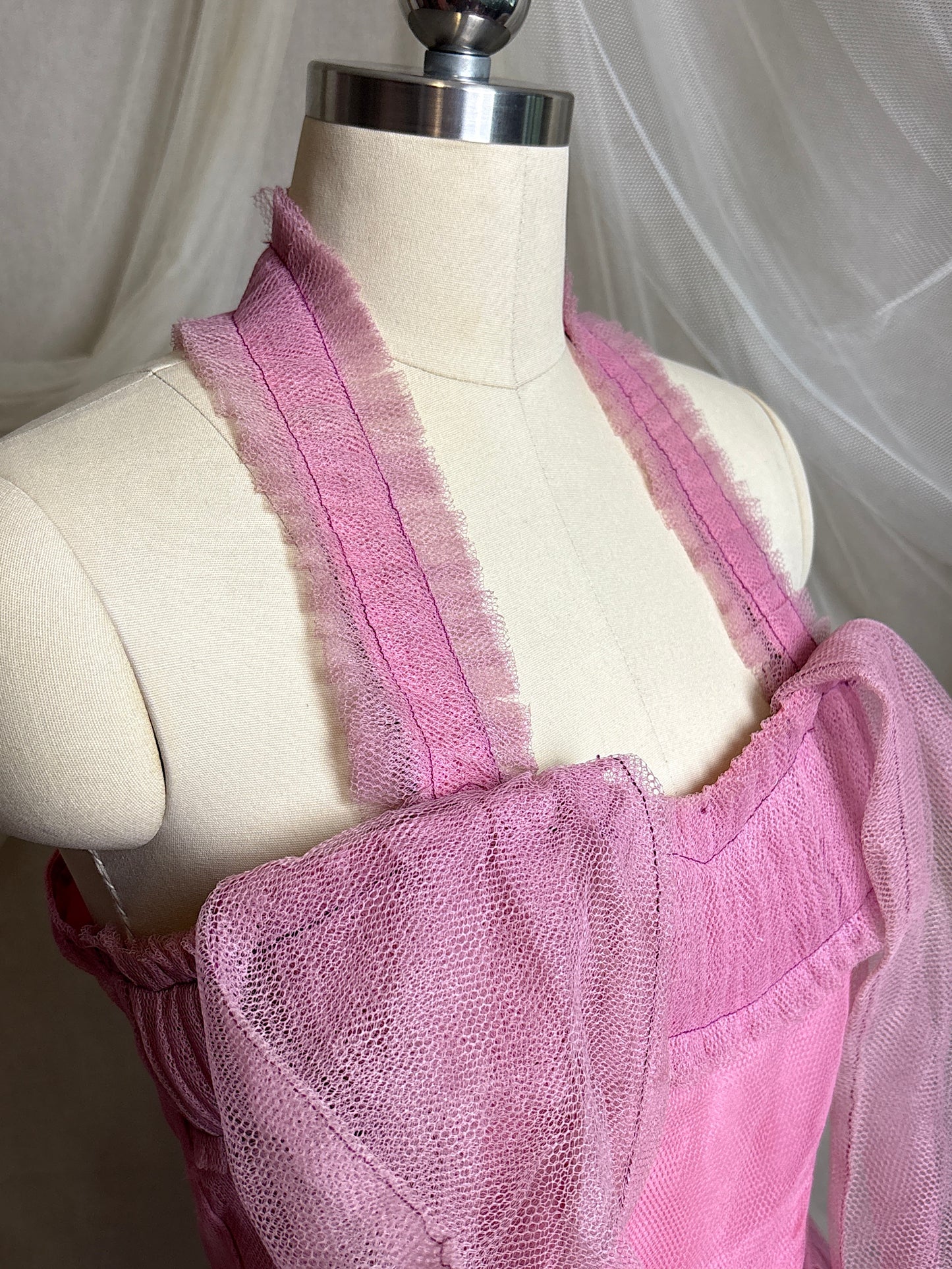 Vintage 1950's Cupcake Halter Dress - Lilac Purple Taffeta with Tulle Overlay & Floral Adornments | S, M