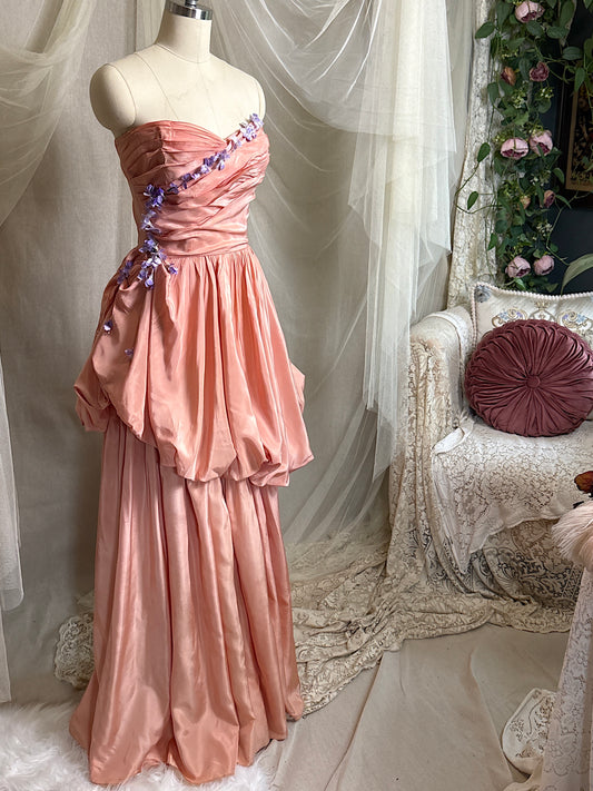 Vintage 1940's Formal Gown - Shell Pink Rayon Taffeta with Grand Pannier Style Skirt & Floral Cascade by Coquette Original | XS
