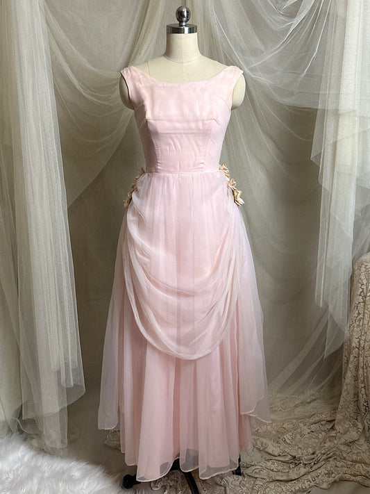Vintage 1950's Formal Gown - Powder Pink Rayon with Sheer Chiffon Overlay & Floral Adornments | XXS