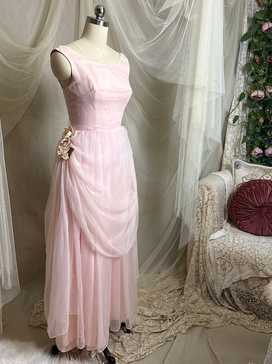 Vintage 1950's Formal Gown - Powder Pink Rayon with Sheer Chiffon Overlay & Floral Adornments | XXS
