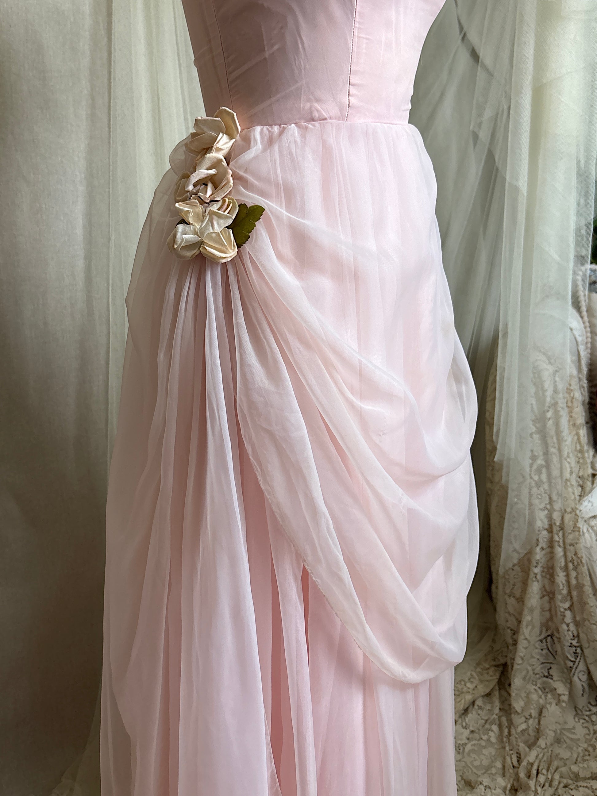 1950s pink chiffon dress VICTORIA ROYAL 1950s Beaded Chiffon Formal Dress