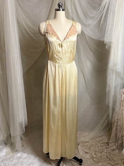 Vintage 1930's Jumpsuit Pajamas - Champagne Gold Silk Satin with Warm Ecru Lace | S, M