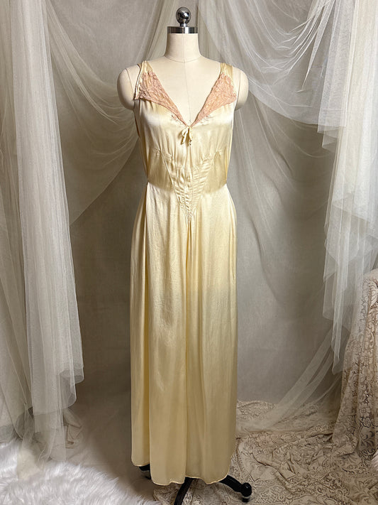 Vintage 1930's Jumpsuit Pajamas - Champagne Gold Silk Satin with Warm Ecru Lace | S, M