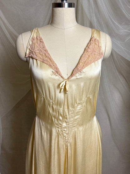 Vintage 1930's Jumpsuit Pajamas - Champagne Gold Silk Satin with Warm Ecru Lace | S, M