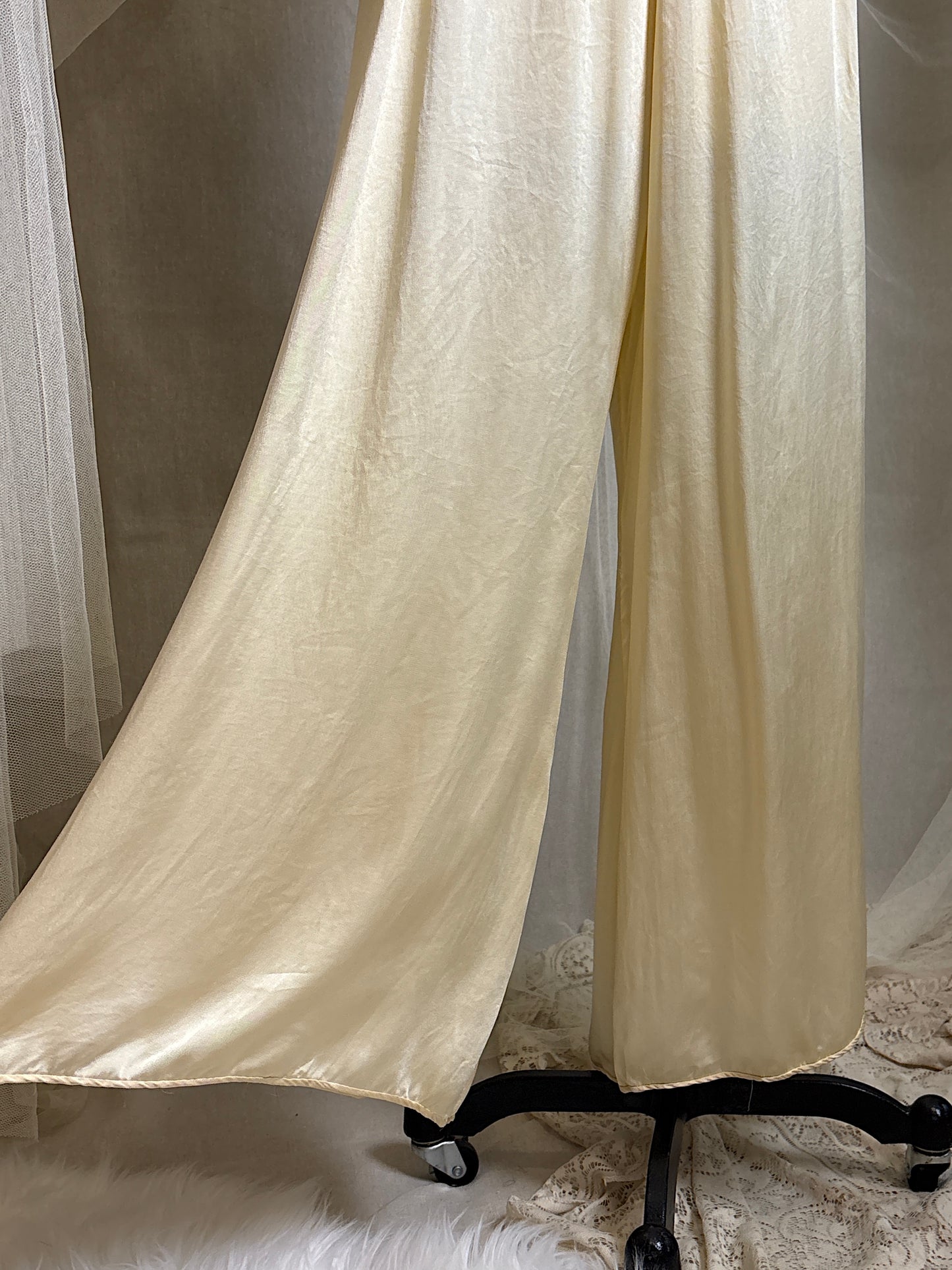 Vintage 1930's Jumpsuit Pajamas - Champagne Gold Silk Satin with Warm Ecru Lace | S, M