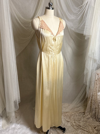 Vintage 1930's Jumpsuit Pajamas - Champagne Gold Silk Satin with Warm Ecru Lace | S, M