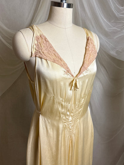 Vintage 1930's Jumpsuit Pajamas - Champagne Gold Silk Satin with Warm Ecru Lace | S, M