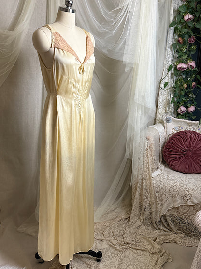 Vintage 1930's Jumpsuit Pajamas - Champagne Gold Silk Satin with Warm Ecru Lace | S, M