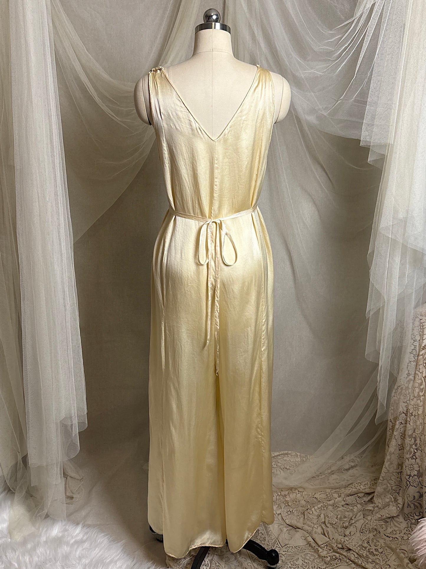 Vintage 1930's Jumpsuit Pajamas - Champagne Gold Silk Satin with Warm Ecru Lace | S, M