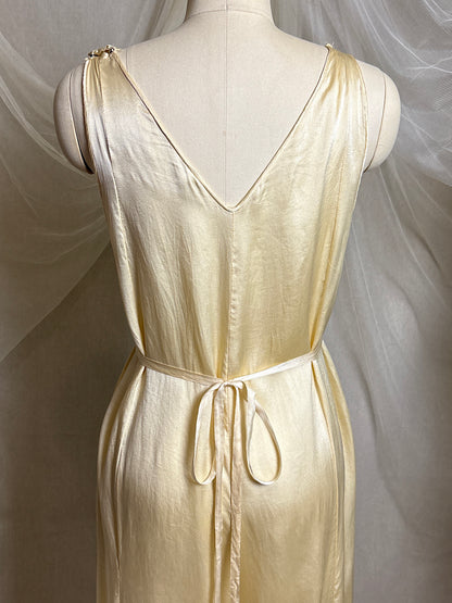 Vintage 1930's Jumpsuit Pajamas - Champagne Gold Silk Satin with Warm Ecru Lace | S, M