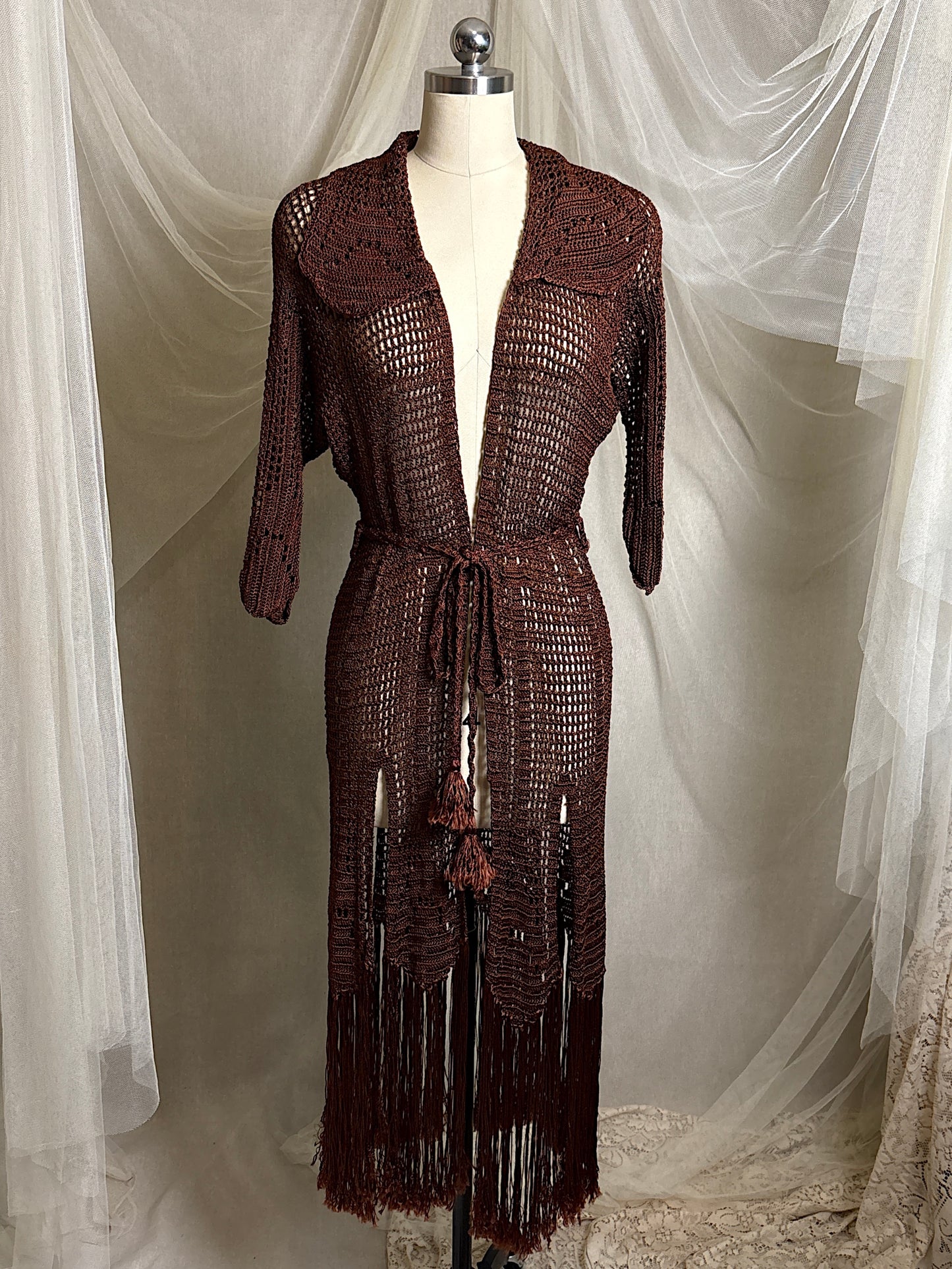 Vintage 1920's - 1930's Duster - Deep Mocha Brown Rayon Crochet with Arrow Pattern & Fringe Hem | XS, S, M