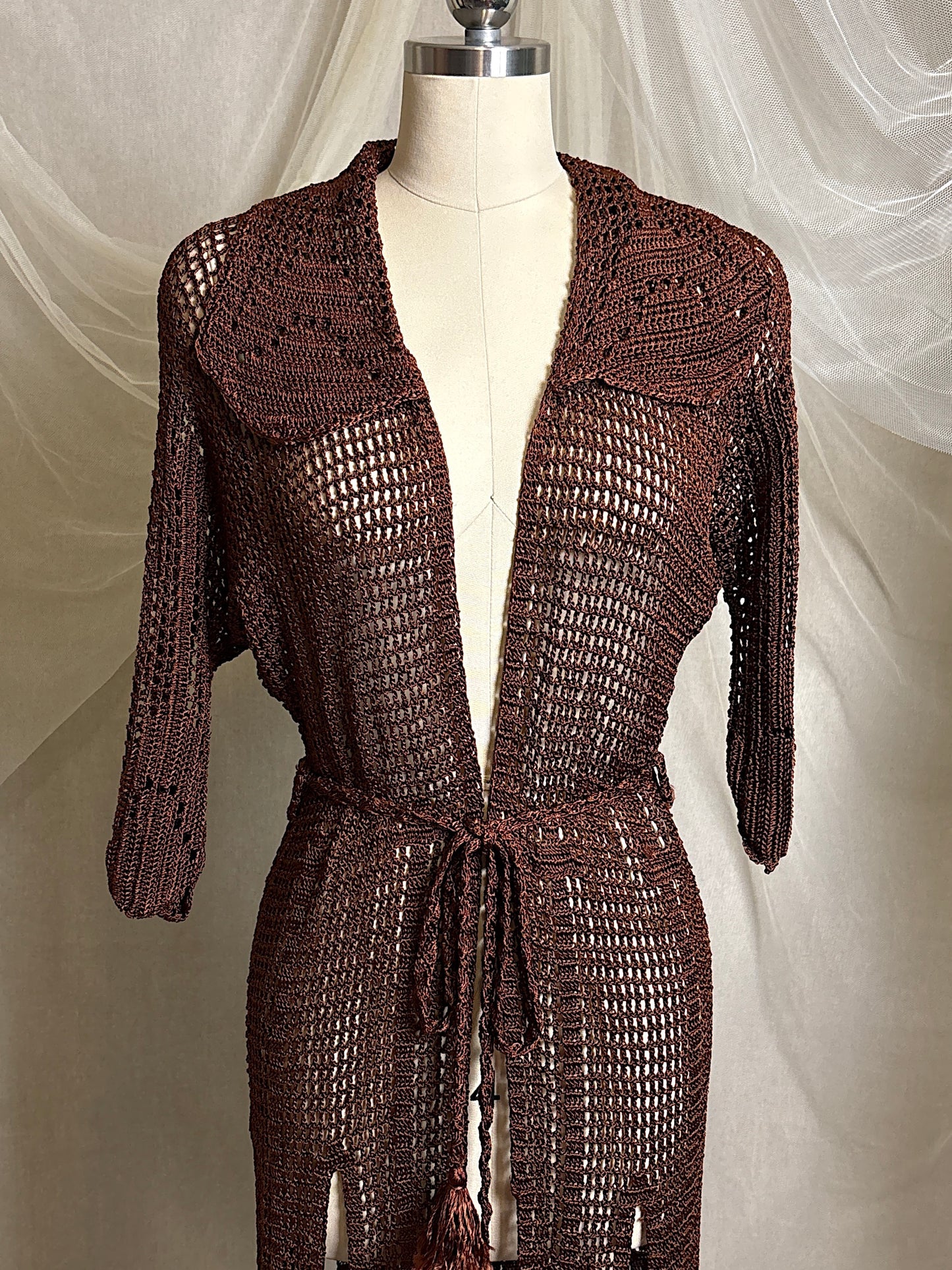 Vintage 1920's - 1930's Duster - Deep Mocha Brown Rayon Crochet with Arrow Pattern & Fringe Hem | XS, S, M