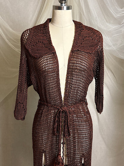 Vintage 1920's - 1930's Duster - Deep Mocha Brown Rayon Crochet with Arrow Pattern & Fringe Hem | XS, S, M