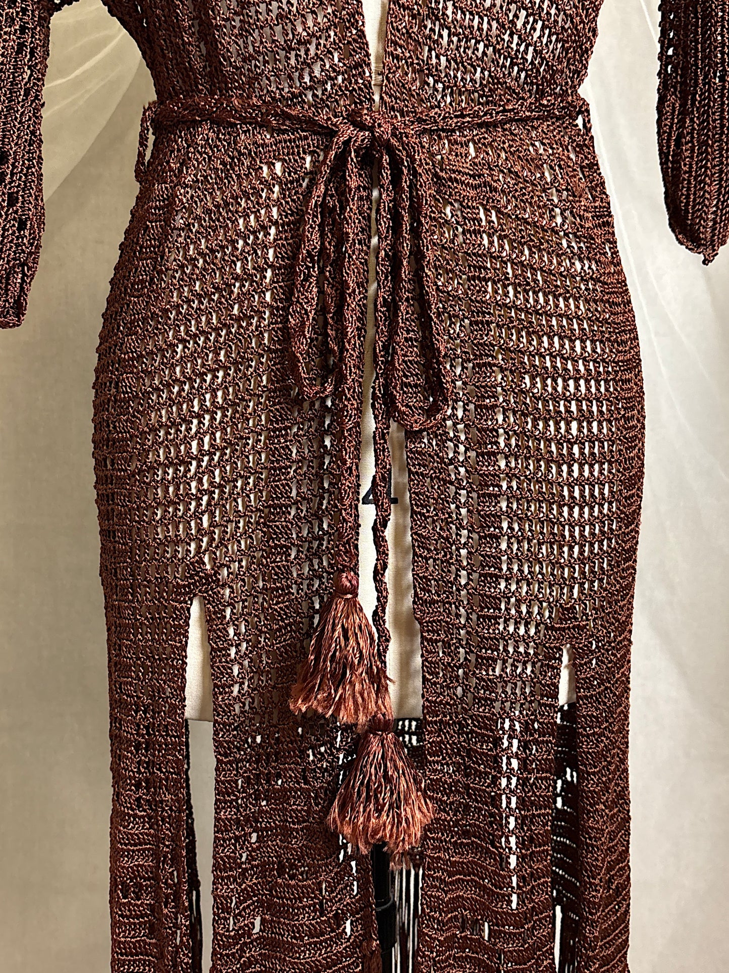 Vintage 1920's - 1930's Duster - Deep Mocha Brown Rayon Crochet with Arrow Pattern & Fringe Hem | XS, S, M