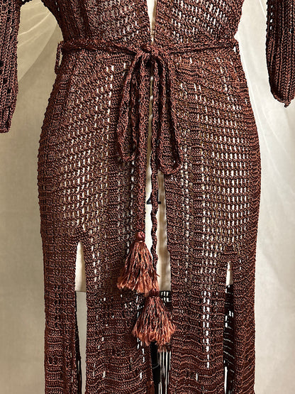 Vintage 1920's - 1930's Duster - Deep Mocha Brown Rayon Crochet with Arrow Pattern & Fringe Hem | XS, S, M