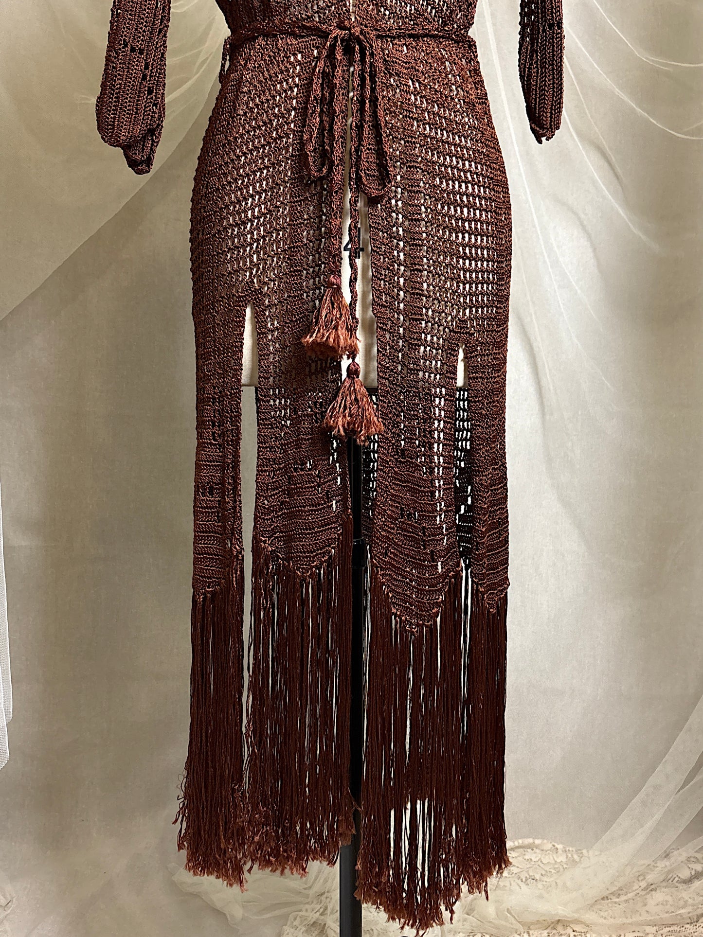 Vintage 1920's - 1930's Duster - Deep Mocha Brown Rayon Crochet with Arrow Pattern & Fringe Hem | XS, S, M