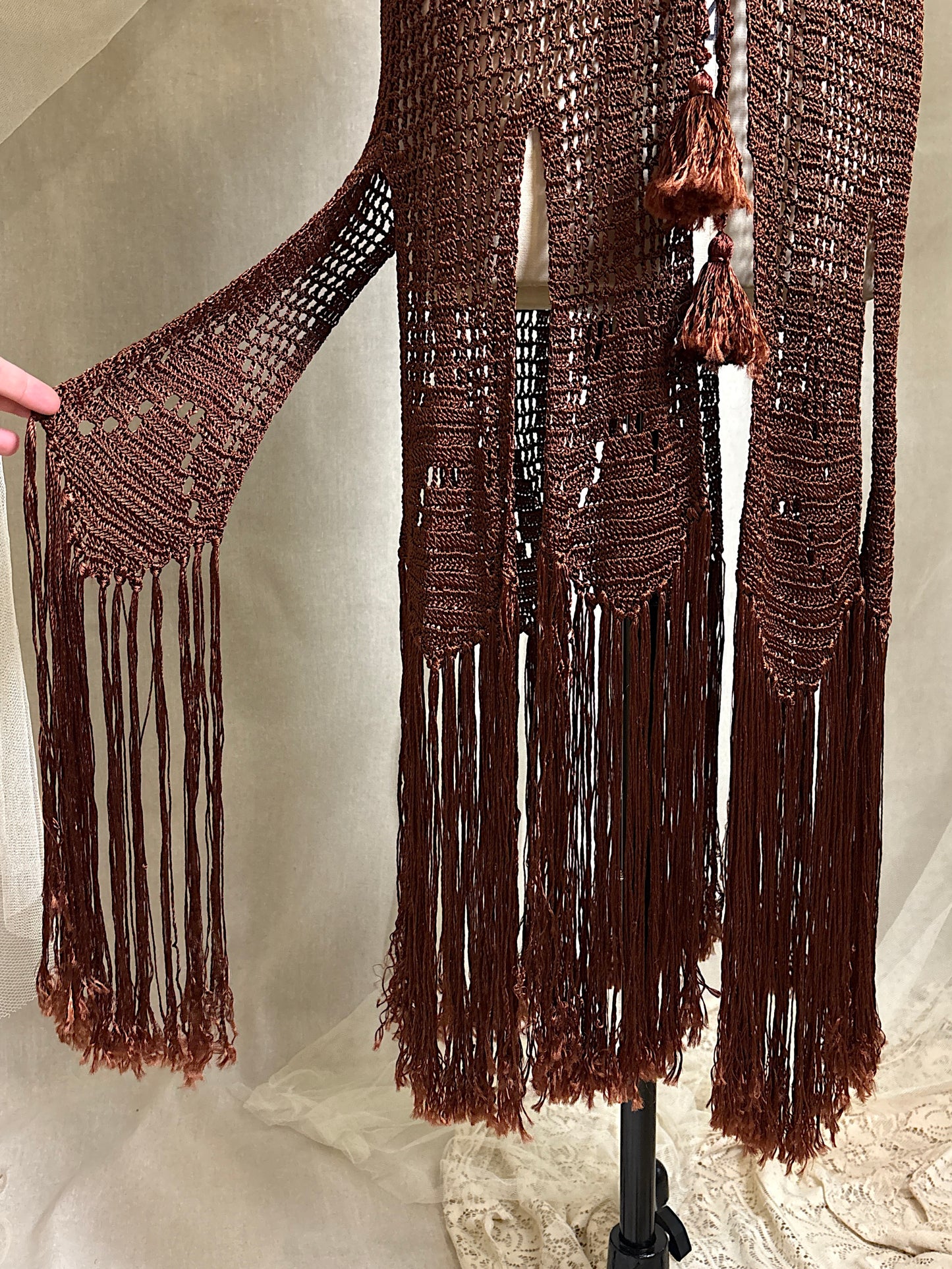Vintage 1920's - 1930's Duster - Deep Mocha Brown Rayon Crochet with Arrow Pattern & Fringe Hem | XS, S, M