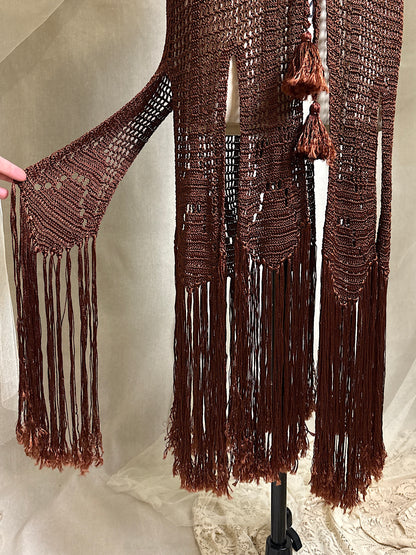 Vintage 1920's - 1930's Duster - Deep Mocha Brown Rayon Crochet with Arrow Pattern & Fringe Hem | XS, S, M