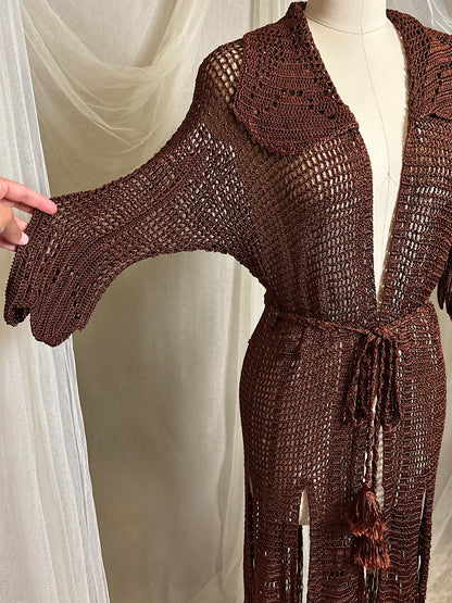 Vintage 1920's - 1930's Duster - Deep Mocha Brown Rayon Crochet with Arrow Pattern & Fringe Hem | XS, S, M