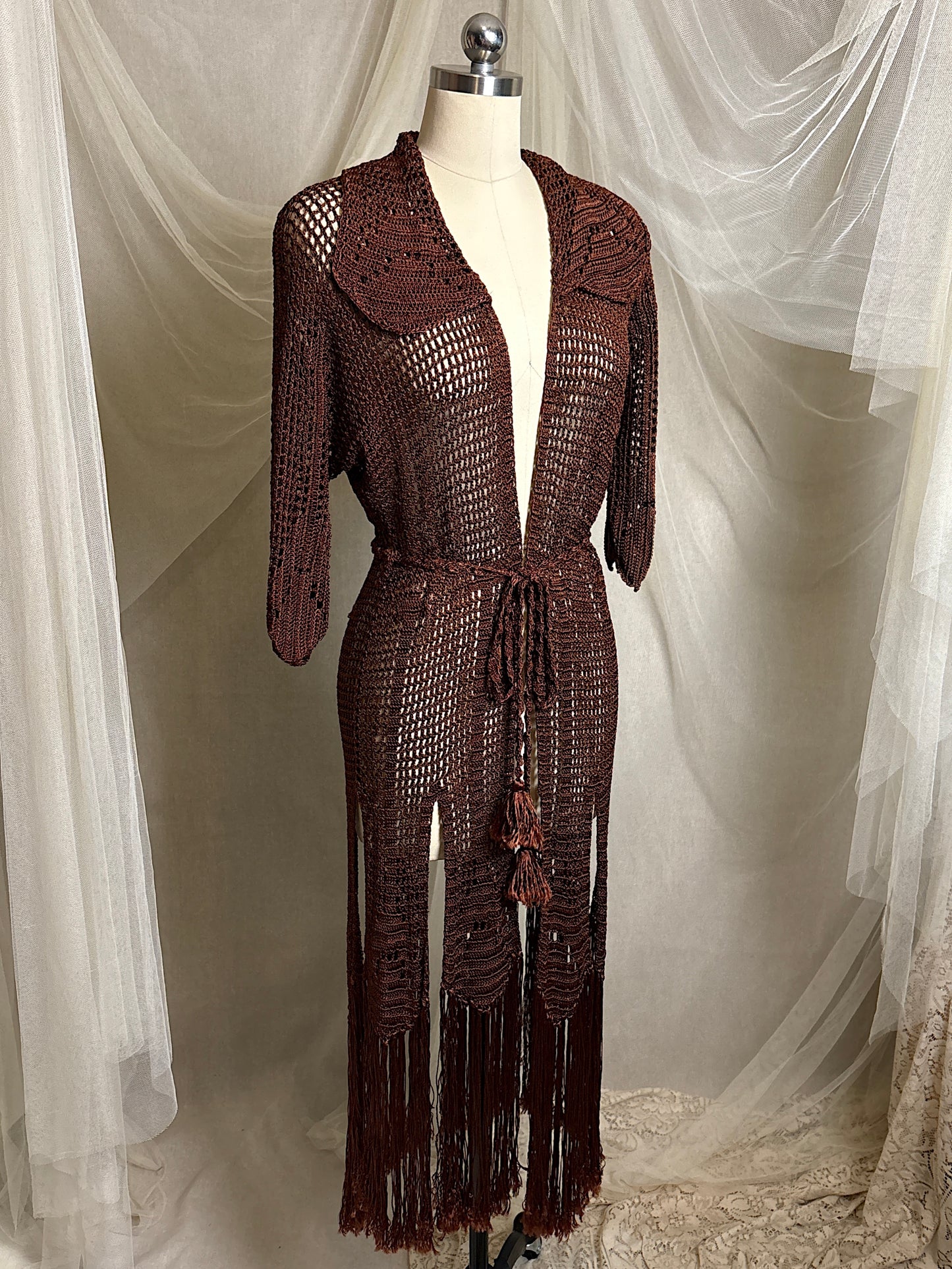 Vintage 1920's - 1930's Duster - Deep Mocha Brown Rayon Crochet with Arrow Pattern & Fringe Hem | XS, S, M
