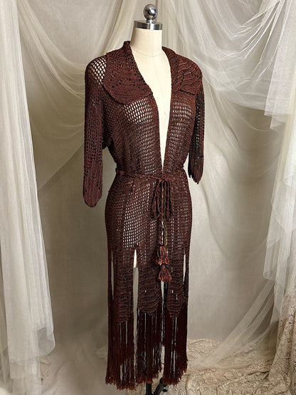 Vintage 1920's - 1930's Duster - Deep Mocha Brown Rayon Crochet with Arrow Pattern & Fringe Hem | XS, S, M