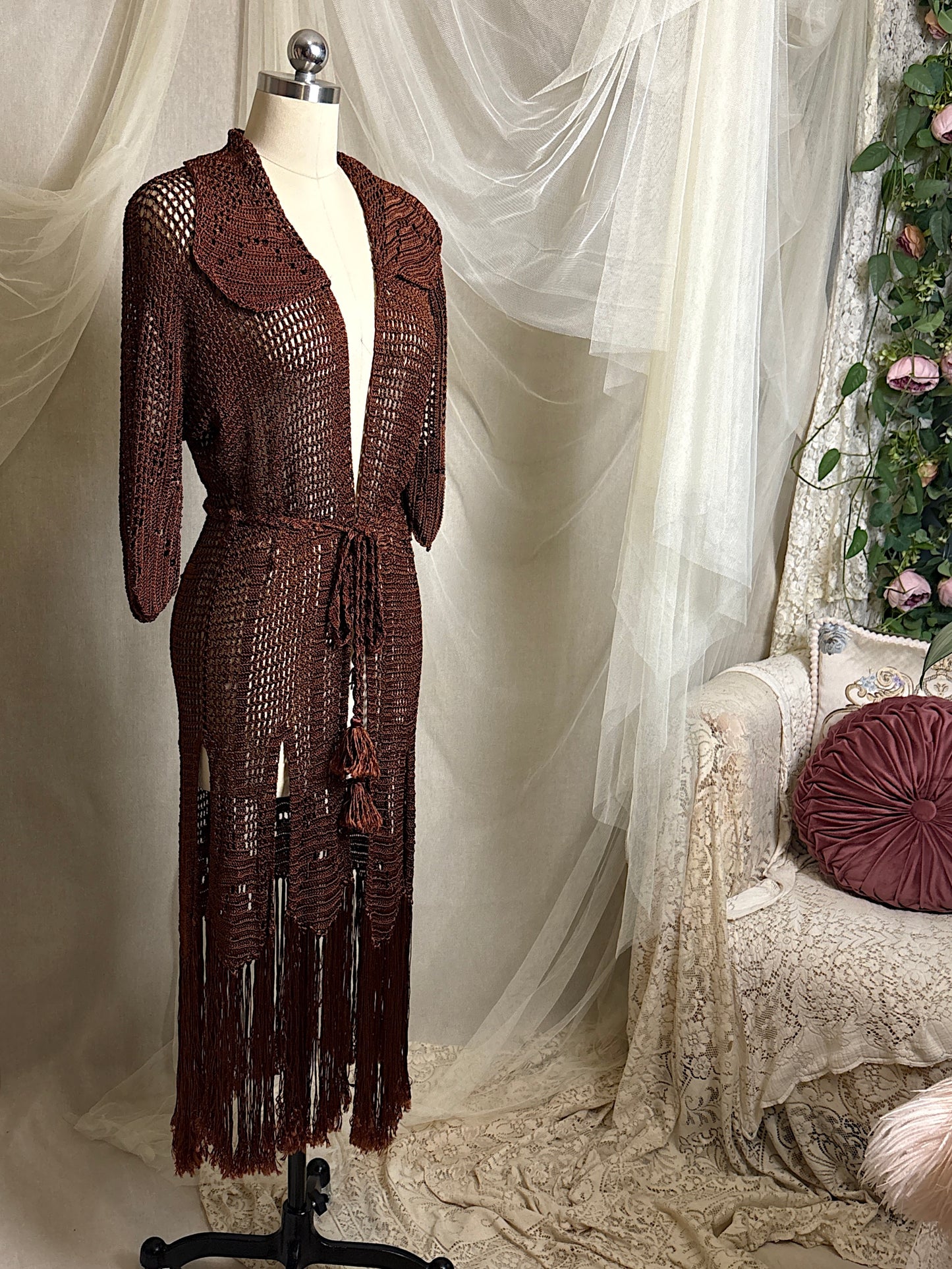 Vintage 1920's - 1930's Duster - Deep Mocha Brown Rayon Crochet with Arrow Pattern & Fringe Hem | XS, S, M