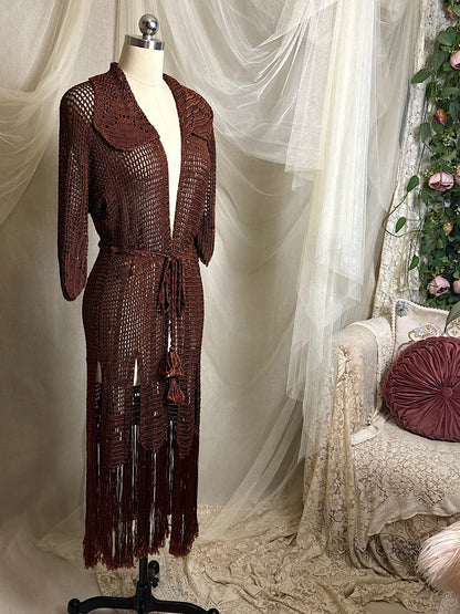Vintage 1920's - 1930's Duster - Deep Mocha Brown Rayon Crochet with Arrow Pattern & Fringe Hem | XS, S, M