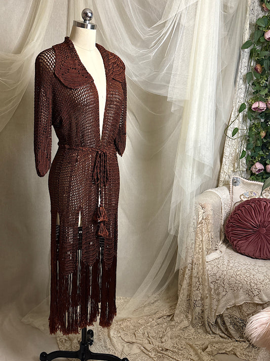 Vintage 1920's - 1930's Duster - Deep Mocha Brown Rayon Crochet with Arrow Pattern & Fringe Hem | XS, S, M