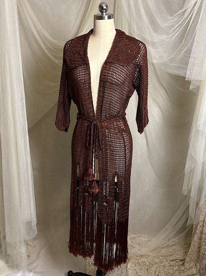 Vintage 1920's - 1930's Duster - Deep Mocha Brown Rayon Crochet with Arrow Pattern & Fringe Hem | XS, S, M