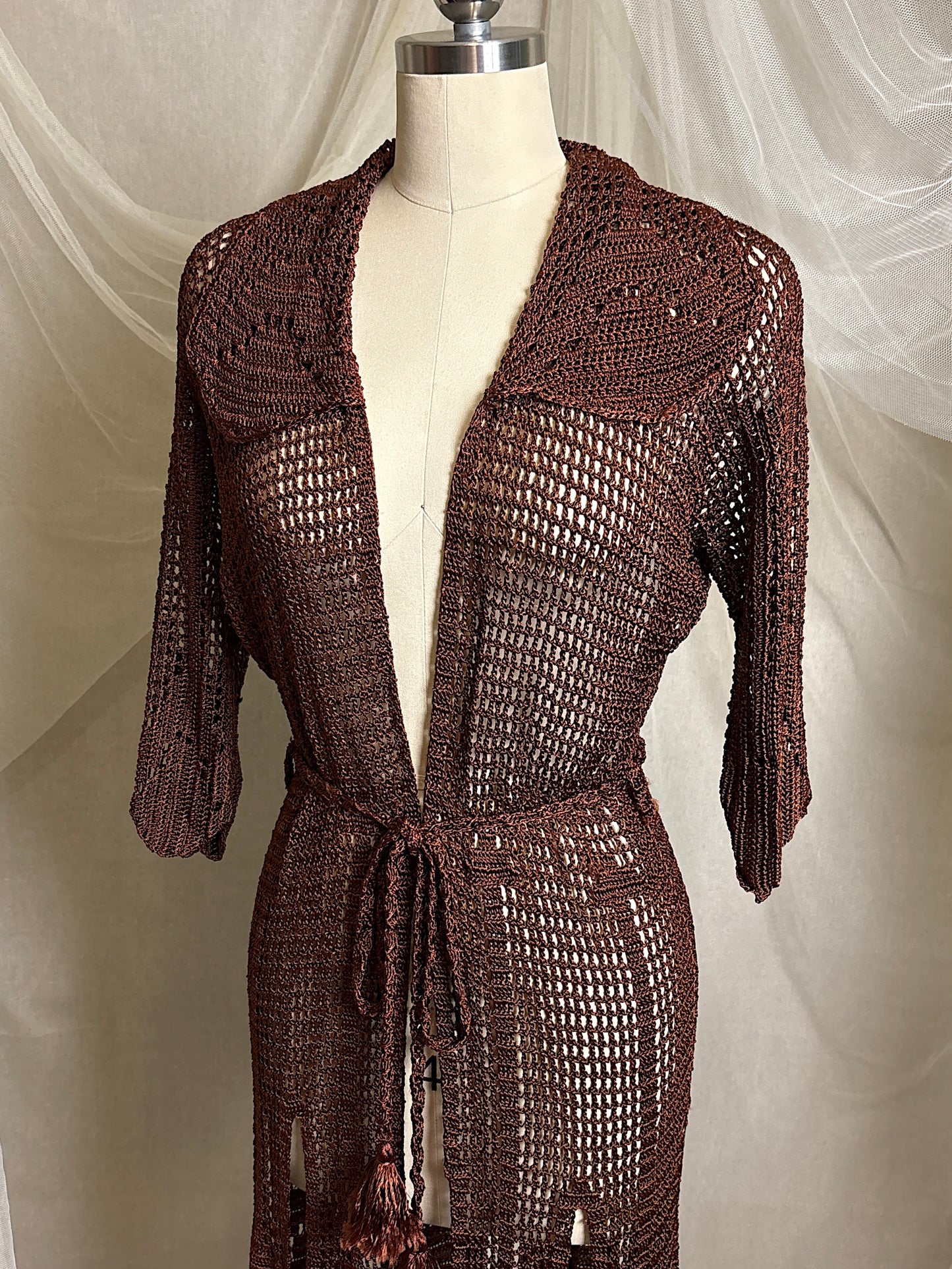 Vintage 1920's - 1930's Duster - Deep Mocha Brown Rayon Crochet with Arrow Pattern & Fringe Hem | XS, S, M