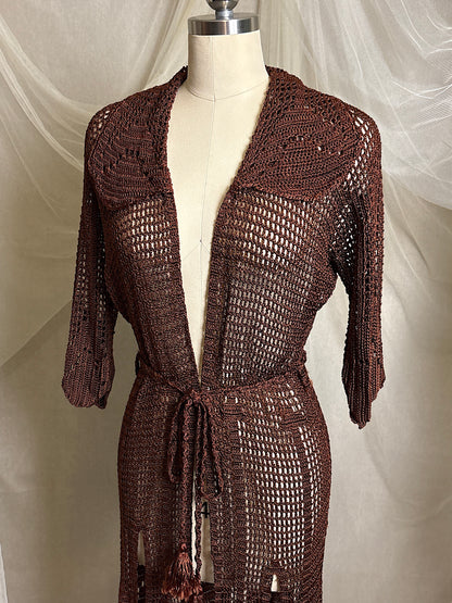 Vintage 1920's - 1930's Duster - Deep Mocha Brown Rayon Crochet with Arrow Pattern & Fringe Hem | XS, S, M