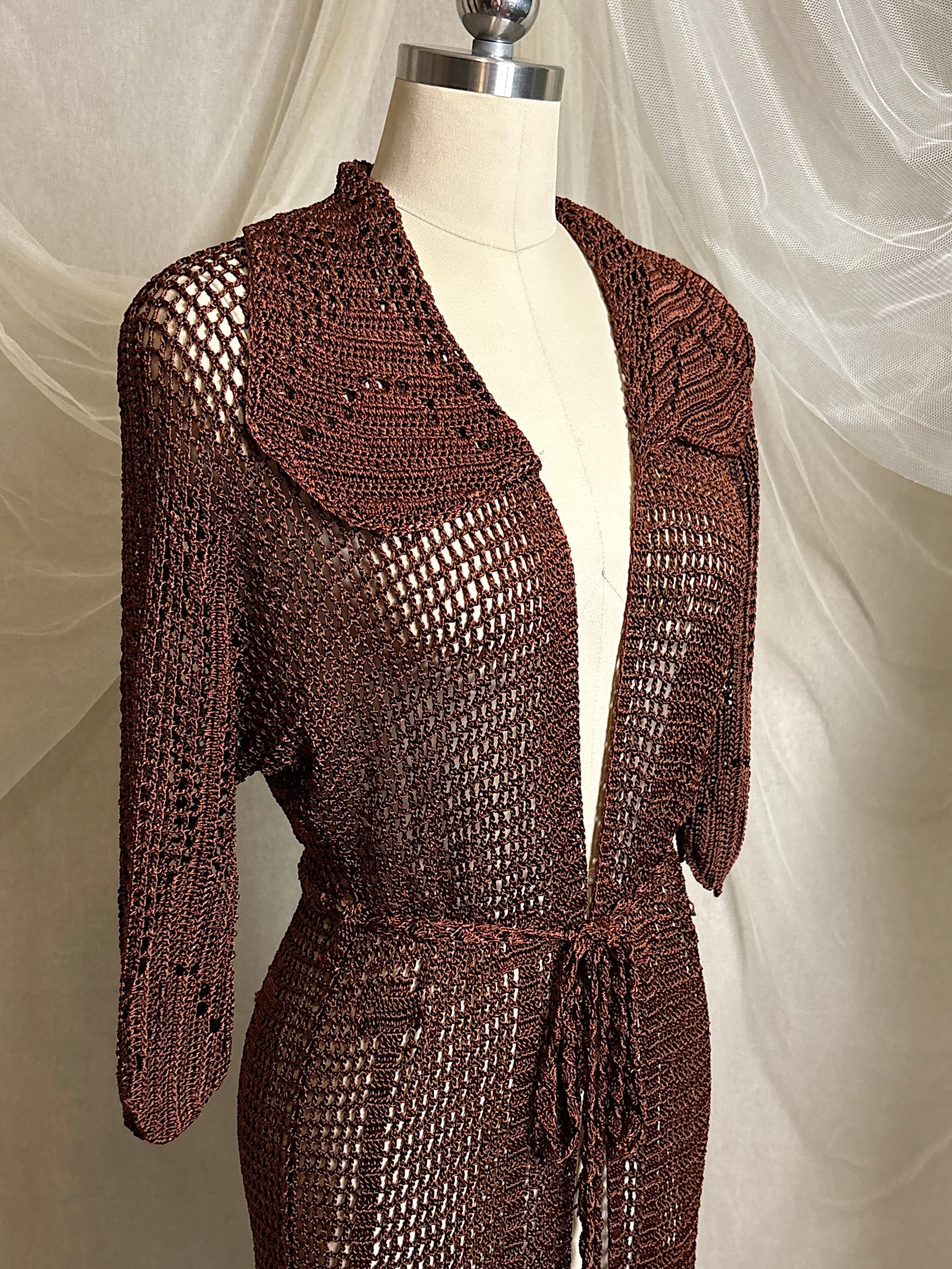 Vintage 1920's - 1930's Duster - Deep Mocha Brown Rayon Crochet with Arrow Pattern & Fringe Hem | XS, S, M
