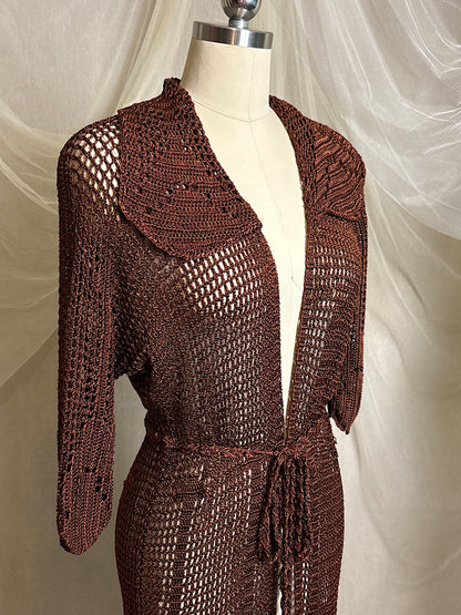 Vintage 1920's - 1930's Duster - Deep Mocha Brown Rayon Crochet with Arrow Pattern & Fringe Hem | XS, S, M