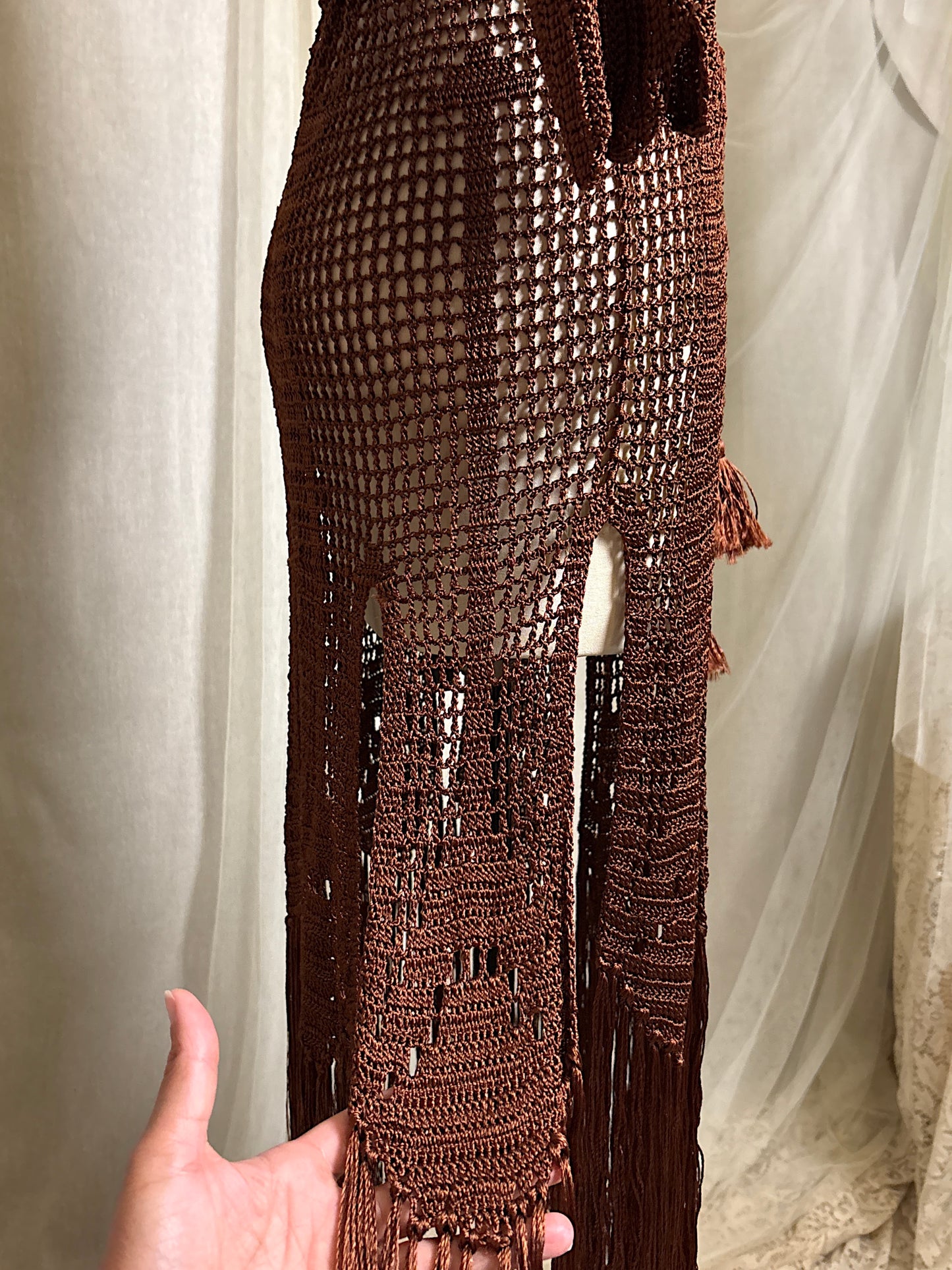 Vintage 1920's - 1930's Duster - Deep Mocha Brown Rayon Crochet with Arrow Pattern & Fringe Hem | XS, S, M