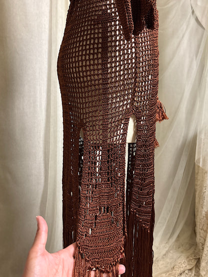 Vintage 1920's - 1930's Duster - Deep Mocha Brown Rayon Crochet with Arrow Pattern & Fringe Hem | XS, S, M