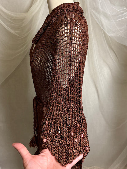 Vintage 1920's - 1930's Duster - Deep Mocha Brown Rayon Crochet with Arrow Pattern & Fringe Hem | XS, S, M