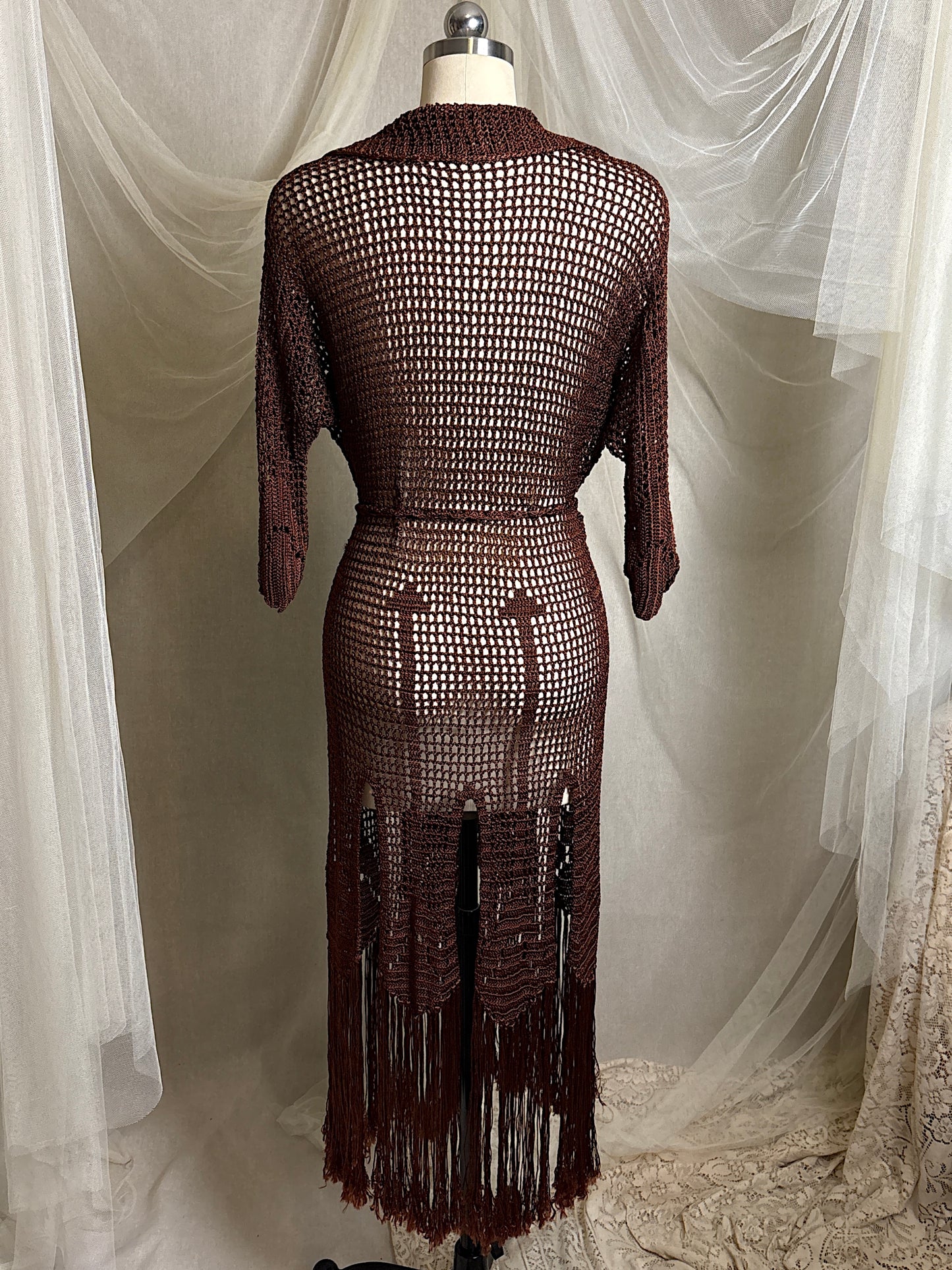 Vintage 1920's - 1930's Duster - Deep Mocha Brown Rayon Crochet with Arrow Pattern & Fringe Hem | XS, S, M