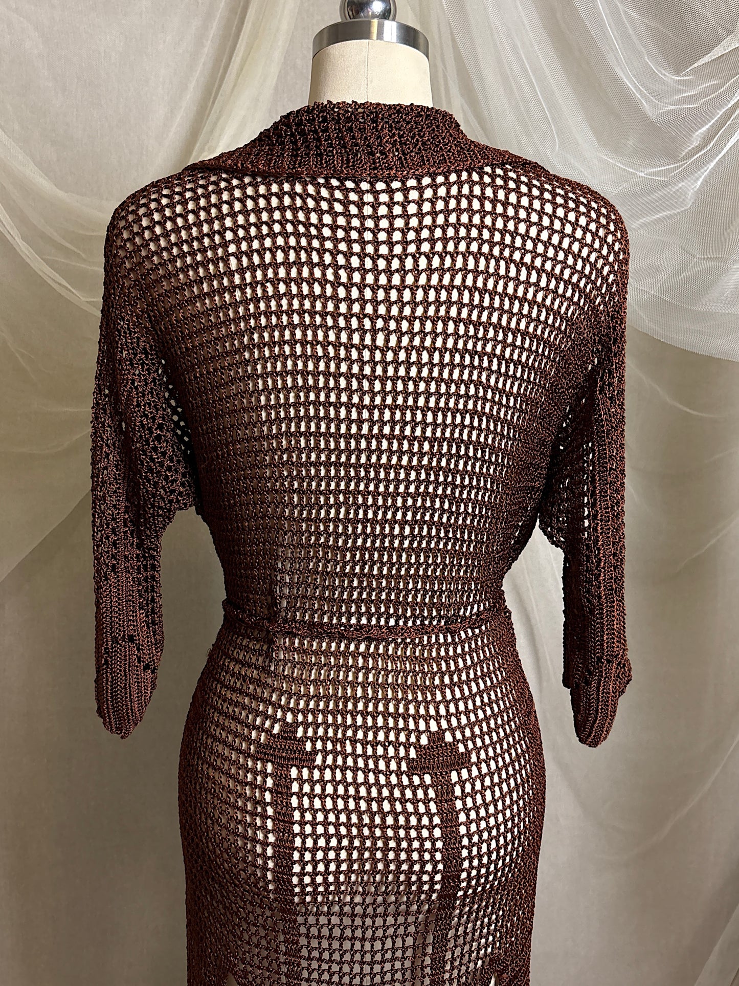 Vintage 1920's - 1930's Duster - Deep Mocha Brown Rayon Crochet with Arrow Pattern & Fringe Hem | XS, S, M