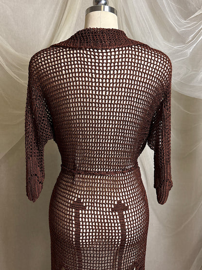 Vintage 1920's - 1930's Duster - Deep Mocha Brown Rayon Crochet with Arrow Pattern & Fringe Hem | XS, S, M