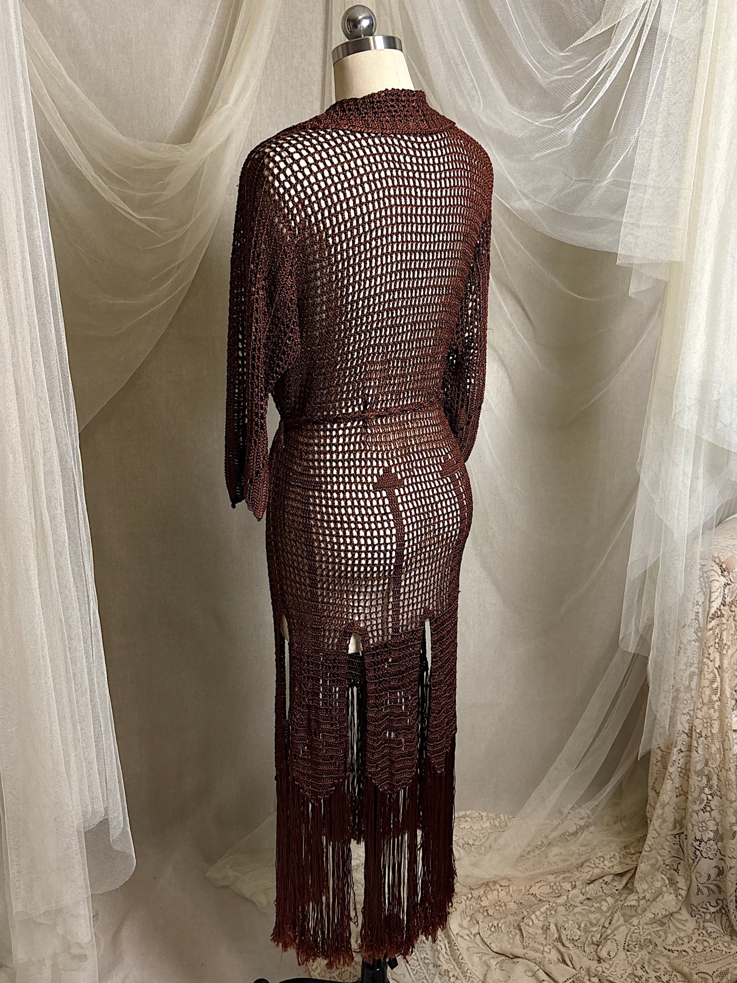 Vintage 1920's - 1930's Duster - Deep Mocha Brown Rayon Crochet with Arrow Pattern & Fringe Hem | XS, S, M
