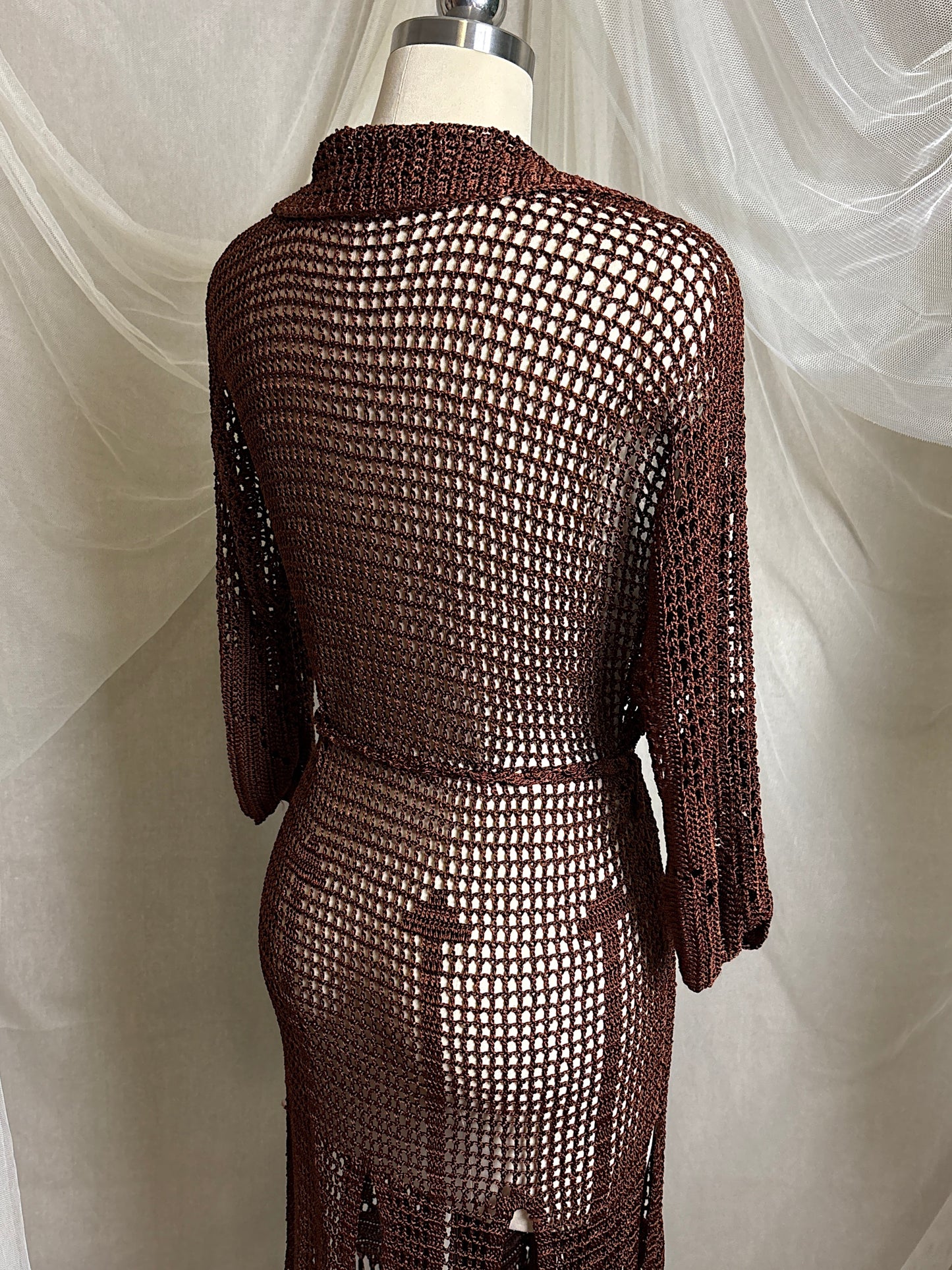 Vintage 1920's - 1930's Duster - Deep Mocha Brown Rayon Crochet with Arrow Pattern & Fringe Hem | XS, S, M