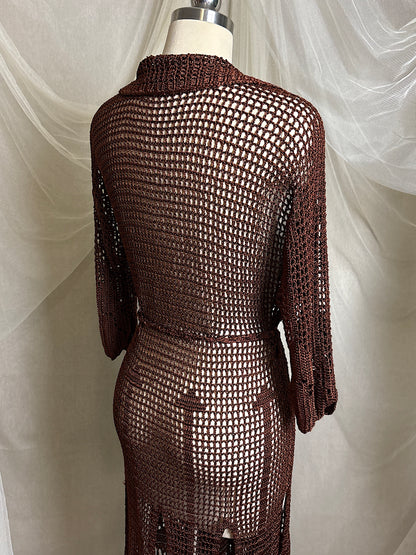 Vintage 1920's - 1930's Duster - Deep Mocha Brown Rayon Crochet with Arrow Pattern & Fringe Hem | XS, S, M